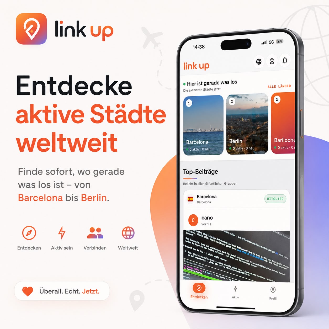 Produktansicht von Link Up mit aktiven Städten und Beiträgen