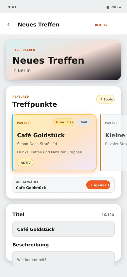 Link-Up-App mit hervorgehobenem Top-Treffpunkt
