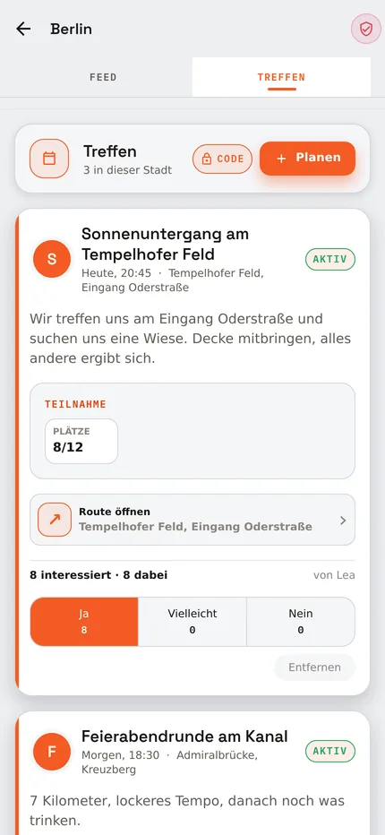 Overview of planned meetups with place and time