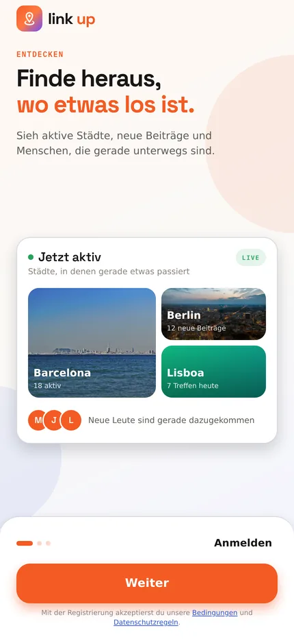 Link Up welcome screen with active cities